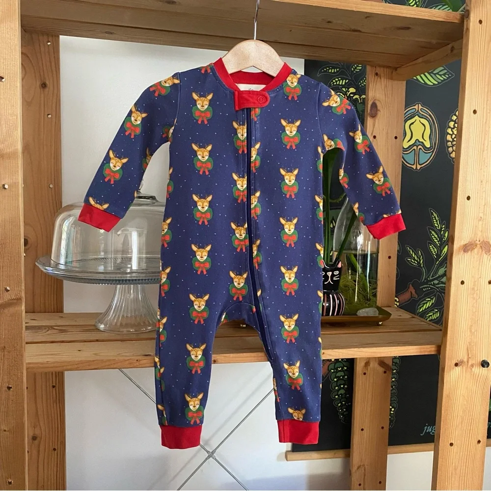 Smockingbird Blue Dasher The Reindeer Monogramed Christmas Zip Up Pajamas 6-9 m